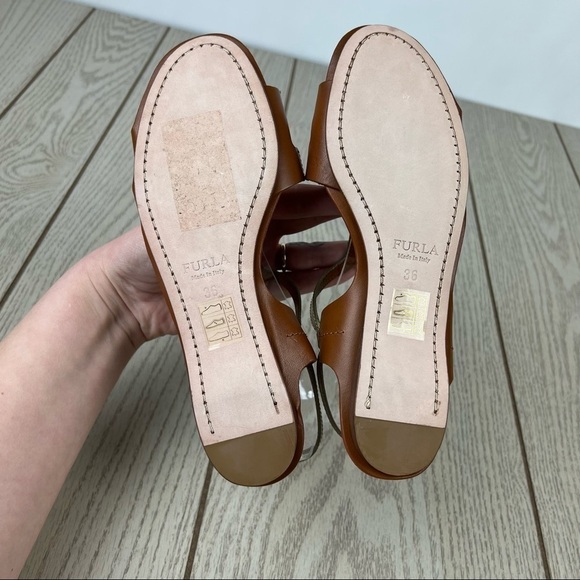 Furla Carmen Leather Vitello Sparkling Sandals 36 Gold & Cognac $365 Italy - Picture 9 of 10